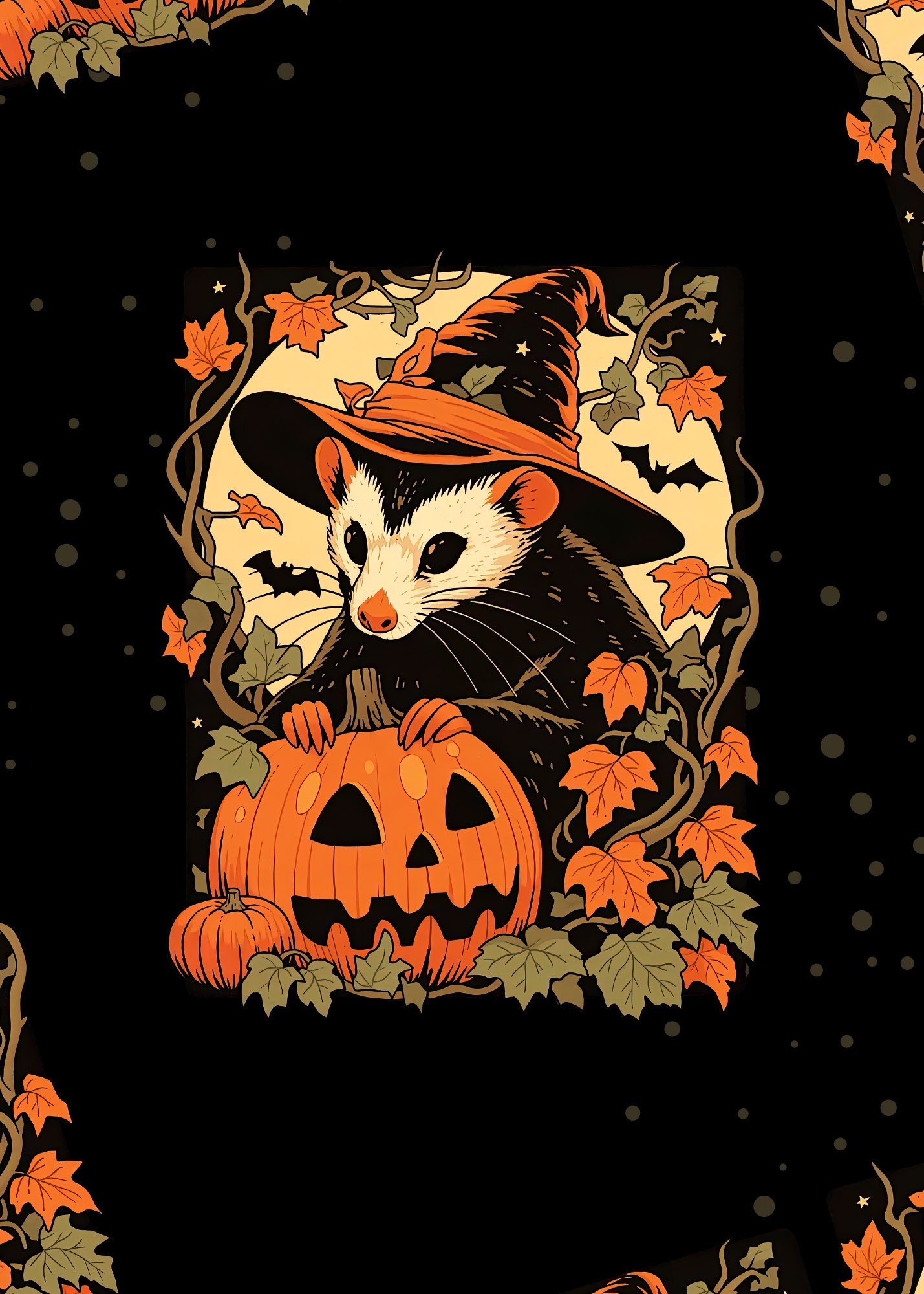 A possum in a witch hat, perched on a jack-o'-lantern